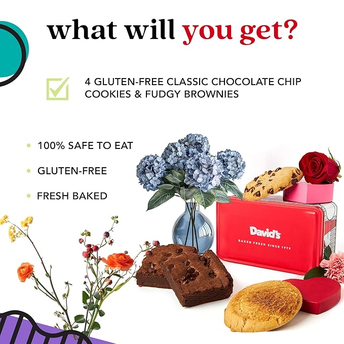 David’s Cookies Gluten-Free Cookies & Brownies in Sweet Sampler Tin – Freshly Baked Classic Chocolate Chip Cookies & Fudgy Brownies – Gourmet Bakery Gift, Dessert Treats for All Ages & Occasions