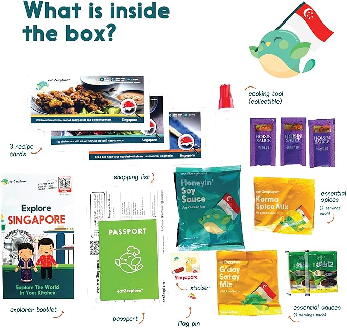 eat2explore Cooking Kits for Kids – Interactive & Educational Kids Cooking Sets Real for Ages 5 and Up,3 Recipe Cards & Global Ingredients – Fun Gift for Young Chefs (Singapore Edition)