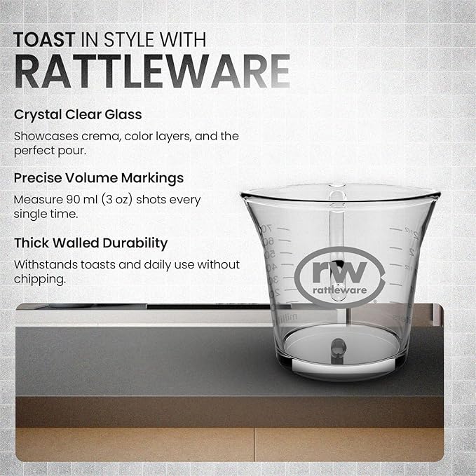 Rattleware 3 oz Espresso Shot Glass Pitcher – Double Spouted Genuine Barista Measuring Cup with Graduations in ml & oz – High-Volume, Commercial-Grade for Swift Espresso Pouring & Precision