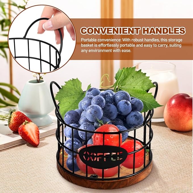 Kichvoe Coffee Pod Holder - Black Wire Coffee Capsule Basket with Wooden Base and Handles - Compact Station Organizer for Countertop - Multi-Functional Bar Accessory