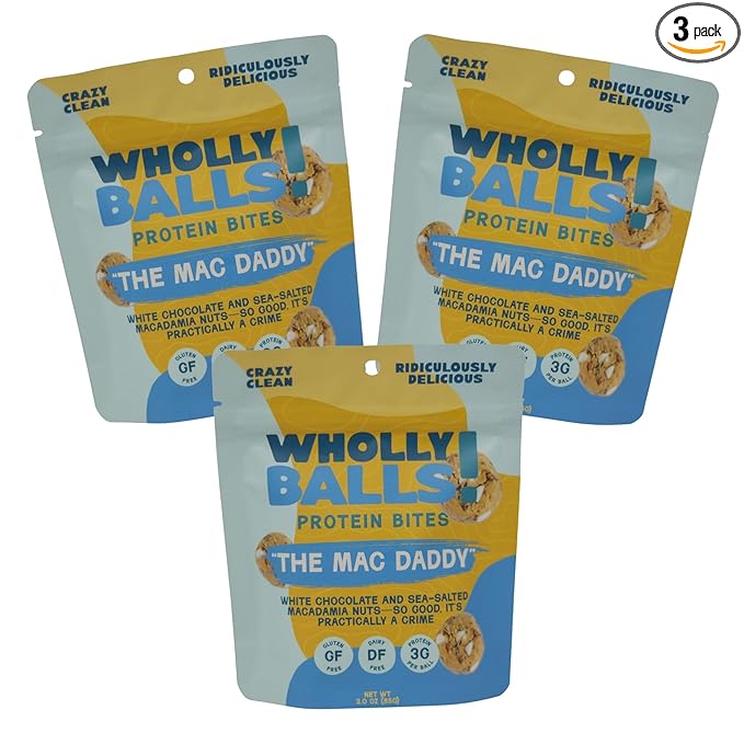 Wholly Balls Protein Bites – Healthy Plant-Based Snack | High Protein, Low Sugar, Gluten-Free Energy Balls (Pack of 3, Mac Daddy)