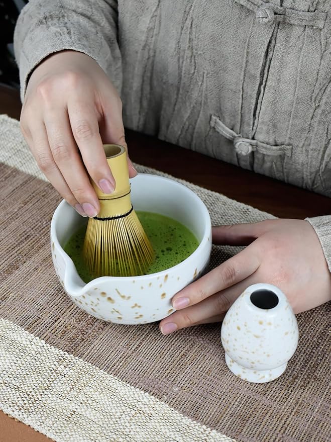 Artcome Matcha Tea Set - Ceramic Matcha Bowl with Pouring Spout, Bamboo Whisk, Whisk Holder, Tea Scoop & Matcha Manual – Complete Traditional Japanese Tea Ceremony Kit for Home, Office, or Gift, Brown