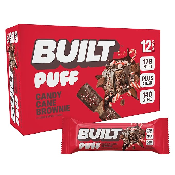 Built Bar, Puff Protein Bars, Candy Cane Brownie, 17g Protein Snacks, On-The-Go Bars, Only 140 Calories, 7g Sugar, Collagen, Gluten Free, 12 Count