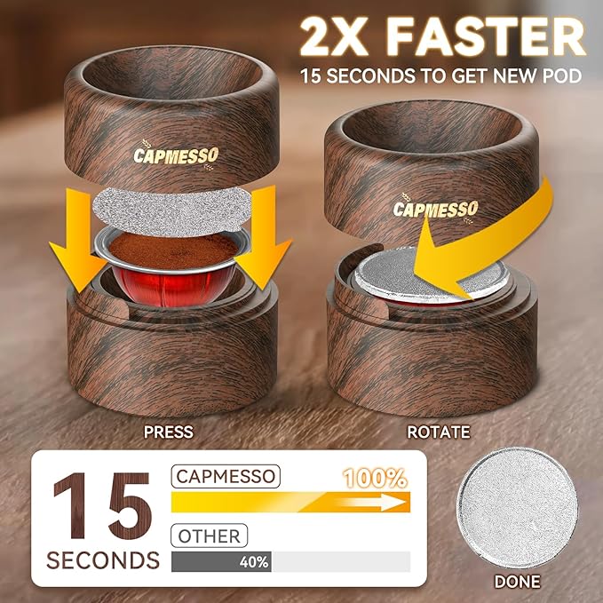 Reusable Vertuo Pod Refill Kit for Nespresso: Reusable Vertuo Capsule for Nespresso/Coffee Pods Vertuoline with 100 Aluminum Foil Lids for Any Size of Vertuo Plus Espresso Pod- Wood Grain Holder