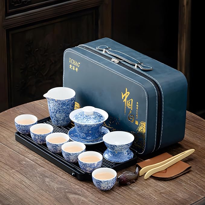 ICHAG Chinese Tea Set, Gongfu Tea Sets for Adults, Asian Gaiwan Teaset, 14-Piece Yangzhi Jade (羊脂玉茶具) with Suspended Gaiwan & Tea Pet, Portable Travel Teaset for Home, Outdoor, Office Gifts