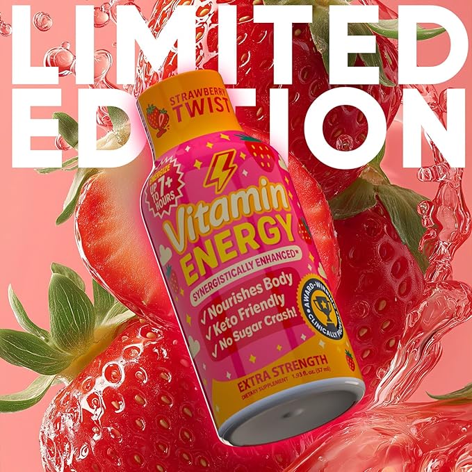 Vitamin Energy Immune+ Extra Strength Energy Shot Strawberry Twist 12 Pack, 260mg Natural Caffeine, B-Vitamins, Citicoline, Green Tea, Immunity & Focus Support, Zero Sugar, Gluten-Free 1.93 fl oz