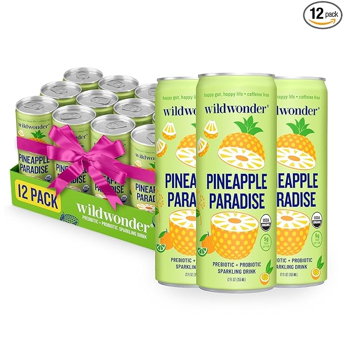wildwonder Sparkling Probiotic Drink 12pk, For Gut Health & Immune Support, Pineapple Paradise, 5g Prebiotic Fiber, Live Probiotics, Organic, Vegan, Low Sugar, 12 Pack, 12oz Can, As Seen on Shark Tank