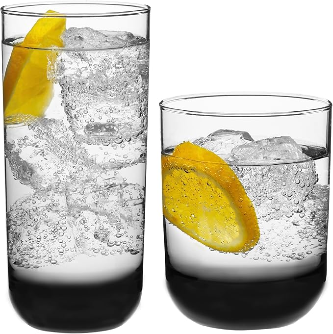 Libbey Polaris Tumbler and Rocks Glass Set, Smoke Hue Drinkware Glasses Set, Lead-Free Tall Water Glasses with Modern Clean Lines, Dishwasher Safe Drinking Glasses Set of 16