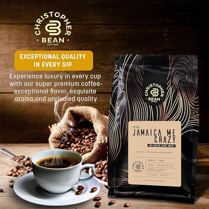 Christopher Bean Coffee - Certified Kosher - Decaf Ground Universal Drip Jamaica Me Crazy Flavored Coffee | Coffee Beans with Medium Roast 100% Arabica, No Sugar, No Fats, Non-Gmo | 10 - Ounce Bag