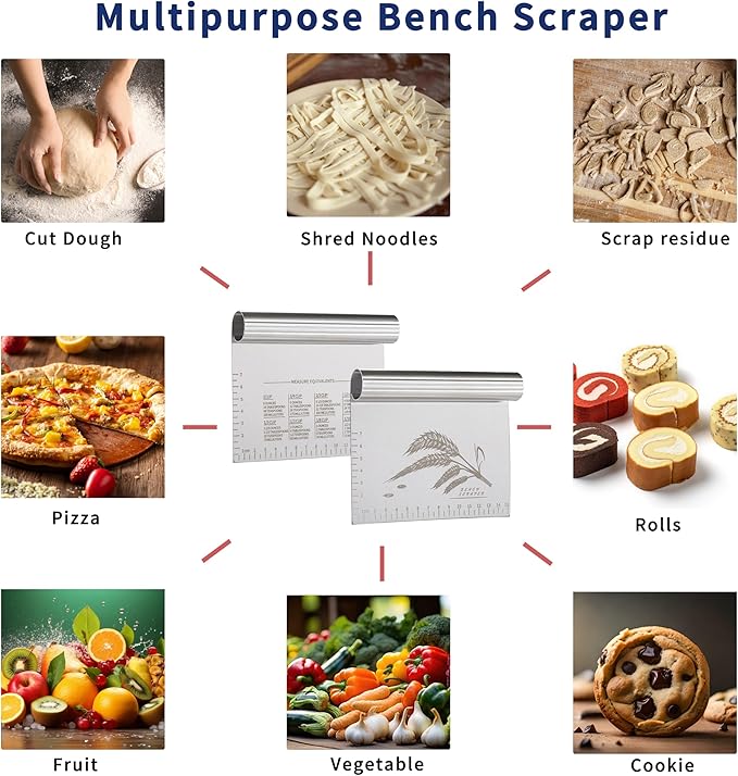 2PCS Dough Pastry Bench Cutter Scraper, OLULU Stainless Steel Kitchen Food Scraper with Protective Cover, Anti-Wear Laser-Engraved Measuring Scale and Ear Of Wheat, Dishwasher Safe (2Pack, 6 inch)