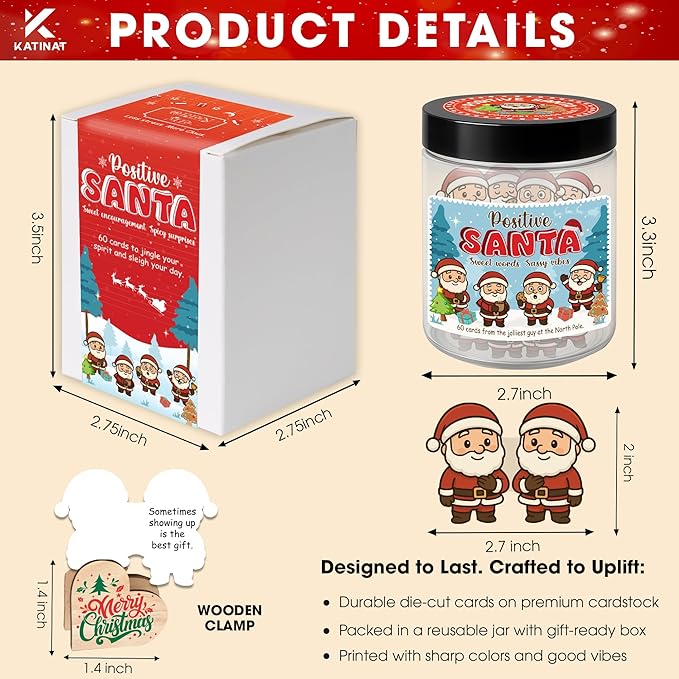 Positive Santa Jar – 60 Funny Emotional Support Santa Jar- Christmas Gifts for Teens, Women, Men, Coworkers, Teachers, Sisters, Friends – Christmas Stocking Stuffer for Teen Girls, Boys, Women