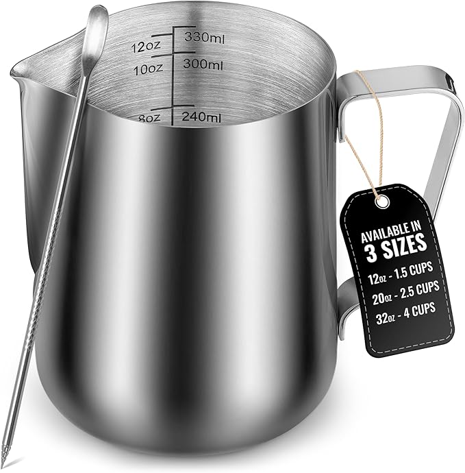Zulay Milk Frothing Pitcher with Latte Art Pen – 12oz 20oz 32oz - Stainless Steel Frother Cup with Measurement Markings, Espresso & Coffee Accessories Creamer Jug with Laser-Welded Handle - 32 oz