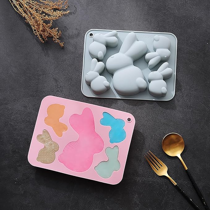 2 Pack Bunny Silicone Molds, 5-Cavity Easter Bunny Chocolate Tray Molds, Bunny Baking Molds for Jellies, Candies, Ice Cubes, Wax Melts, Soaps, Cake Decoration