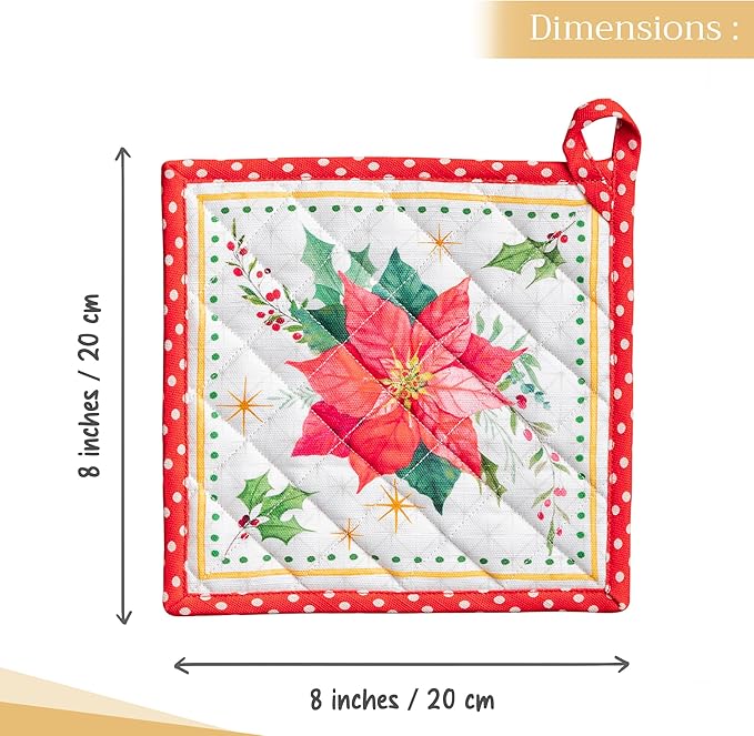 Maison d' Hermine Pot Holders 100% Cotton Heat Resistant Potholders 8" x 8" Hot Pads with Loop BBQ, Cooking, Baking, Grilling, Kitchen, Handling Hot Pans (Pack of 1, Poinsettia Christmas)