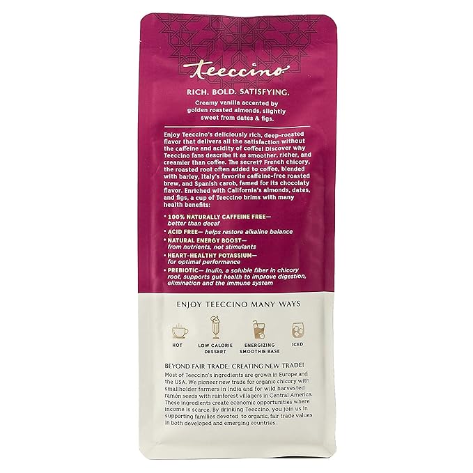 Teeccino Vanilla Nut Chicory Coffee Alternative - 11 Ounce - Ground Herbal Coffee That’s Prebiotic, Caffeine Free & Acid Free, Medium Roast