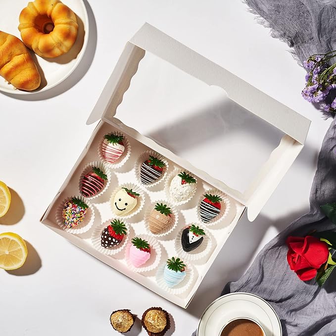 50 Pack 9 ½" x 6" x 2" Cookies Macaron Boxes for 12, Bakery Cakesicle Chocolate Covered Strawberries Boxes with Window Ore Cocoa Bombs Pastry Chocolate Boxes