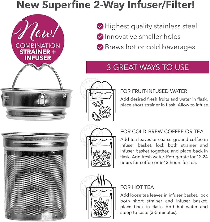 Teabloom ORIGINAL All-Purpose Beverage Tumbler - 16 oz - 480 ml - Brushed Metal Insulated Water Bottle/Tea Flask/Cold Brew Coffee Mug - Extra-Fine Two-Way Infuser Travel Bottle - Ruby Red