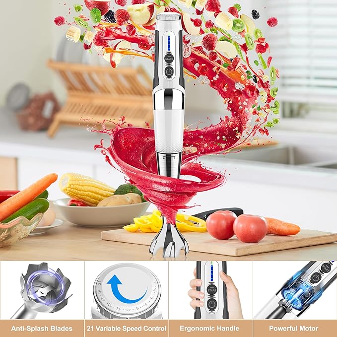 Cordless Immersion Blender Handheld: 3-in-1 Rechargeable Electric Hand Blender Stick, 21-Speeds & 3-Angle Adjustable with 700ml Beaker, Egg Whisk and Beater for Smoothies, Soup,Puree,Baby Food (White)