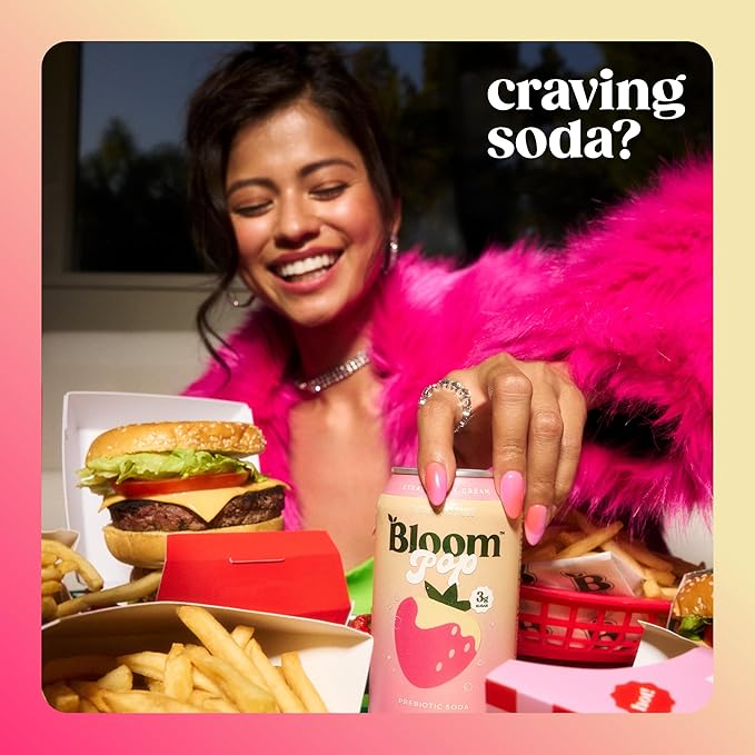 Bloom Pop Prebiotic Soda 12 Pack, Strawberry Cream Flavor, 12oz Cans | Prebiotic Soda for Gut Health, Low Calorie Soda, No Caffeine, Healthy Soft Drink Alternative