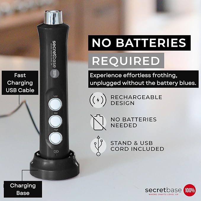 Secretbase 3 Speed Rechargeable Milk Frother and Cup Set, Cordless USB Charging Cradle - Handheld Milk Frother, Double-thickness Whisk, Tiny Egg Beater, Mini Electric Coffee Stirrer(Black)