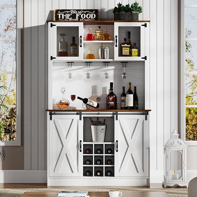 4ever2buy Farmhouse Coffee Bar Cabinet with 2 Glass Doors, 72'' White Bar Cabinet with Sliding Barn Door, Tall Wine Bar with 9 Racks, Coffee Bar Hutch with Storage for Living Room