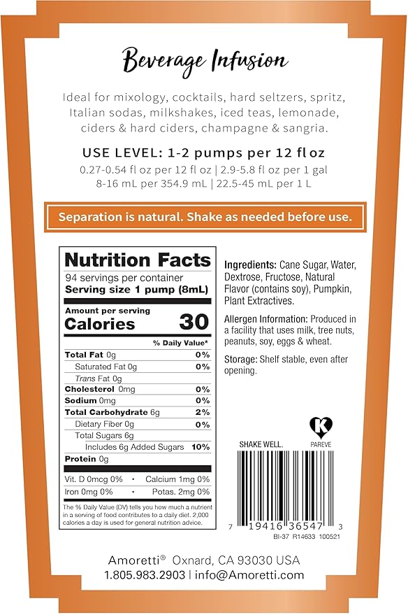 Amoretti - Pumpkin Spice Beverage Infusion, 94 Servings Per Bottle (750 ml) - Drink Mix & Water Enhancer with Pump for Flavoring Cocktails, Waters, Teas, and other Beverages, Preservative Free