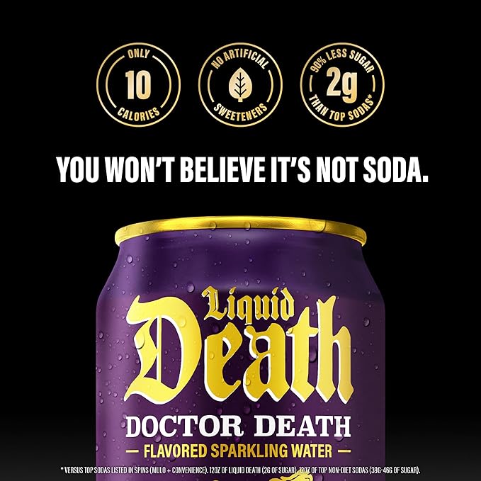 Liquid Death, Doctor Death, Soda-Flavored Sparkling Water, 12-Pack (12oz Cans), Low Sugar, Huge Flavor & No Artificial Sweeteners