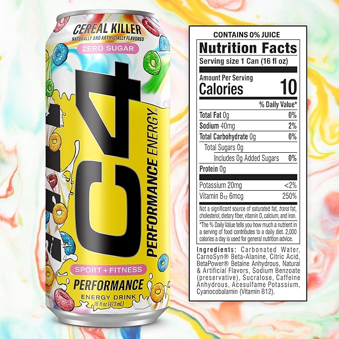 C4 Energy Carbonated Zero Sugar Energy Drink, Pre Workout Drink + Beta Alanine, Cereal Killer, 16 Fl Oz (Pack of 12)