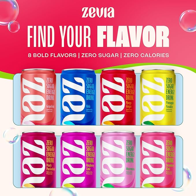 Zevia Zero Sugar Energy Drink, Strawberry Kiwi, 12 oz Cans (12-Pack) – Naturally Sweetened, Zero Calorie Sugar Free Energy - Non-GMO Project Verified, Gluten-Free, Vegan