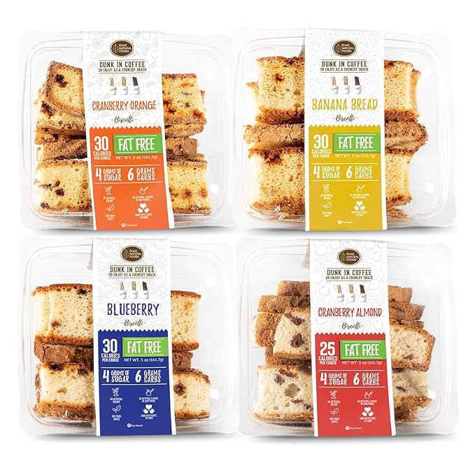 DIJAS Natural Foods, Crunchy Fat Free Biscotti Cookie, Variety Pack, All Natural Preservative Free Ingredients, Delicious Low Calorie Snack (4 Pack, Fruit Variety)