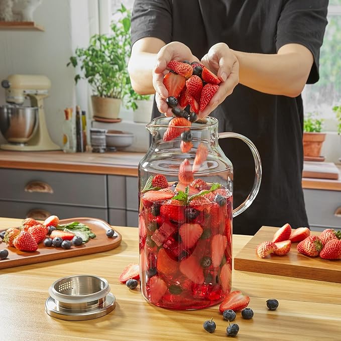 1 Gallon Glass Pitcher with Lid and Spout, Glass Water Carafe for Hot/Cold Water, Large Jug for Iced Tea, Coffee, Juice and Homemade Beverage