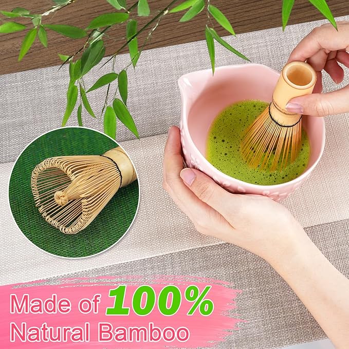Matcha Whisk Set, Matcha Set 7 Pieces - Ceramic Matcha Bowl with Spout, Bamboo Chasen Whisk & Holder, Scoop, Sifter, Tea Towel - Complete Kit for Matcha Tea Ceremony, Latte, Ideal Gift（Pink）