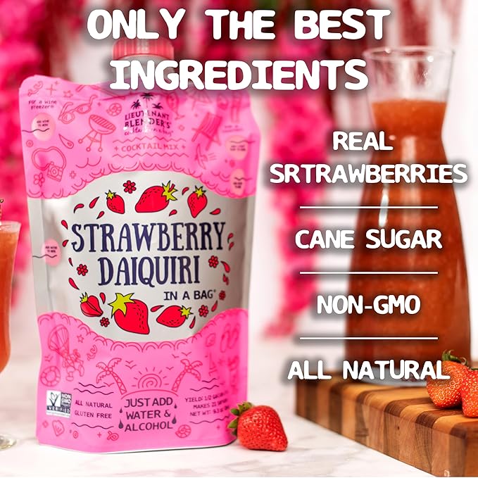 Lt. Blender's Strawberry Daiquiri in a Bag – Strawberry Daiquiri Mix - Each Bag Makes 1/2 Gallon - Non-GMO – No Daiquiri Machine Needed - Make a Cocktail, Wine Slushie or Mocktail - (Pack of 1)