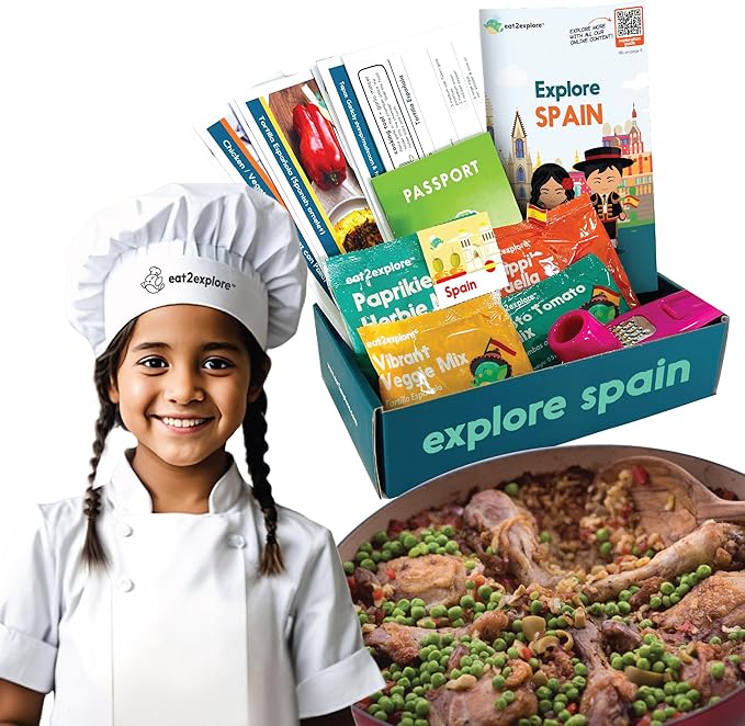 eat2explore Cooking Kits for Kids – Interactive & Educational Kids Cooking Sets Real for Ages 5 and Up,3 Recipe Cards & Global Ingredients – Fun Gift for Young Chefs (Spain Edition)