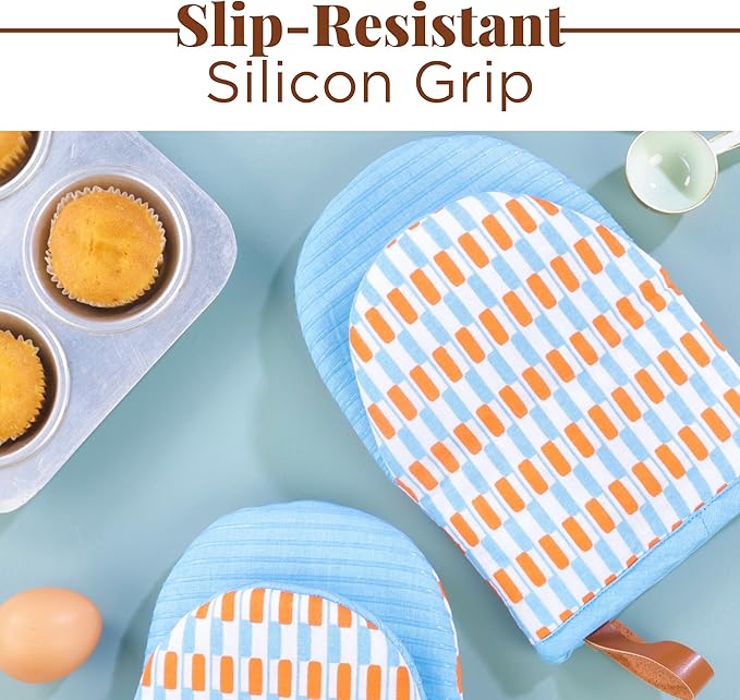 Folkulture Mini Oven Mitts Heat Resistant & Non Slip | (5.75 x 9) Set of 2 Blue Short Oven Mitts with Hanging Loop for Kitchen Decor | 100% Cotton Oven Gloves or Orange Kitchen Mittens Set
