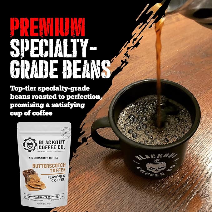 Blackout Coffee Butterscotch Toffee Flavored Medium Roast - Freshly Roasted in the USA - 12 oz Ground Coffee Pouch