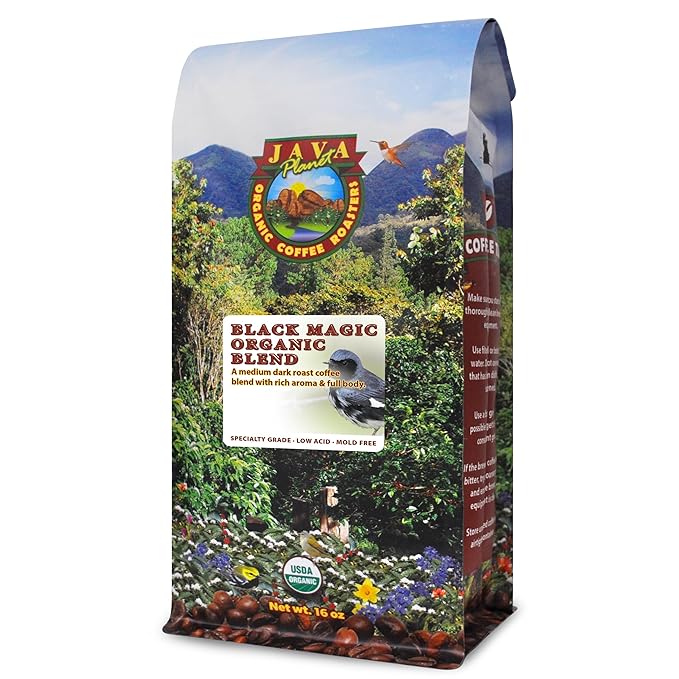 Low Acid Organic Coffee – Whole Bean, Mold-Free & Stomach Friendly by Java Planet, Black Magic Blend Coffee, Medium Dark Roast, Smooth Full Flavored, 1LB Bag