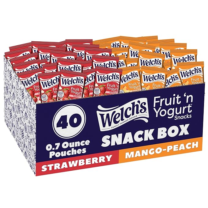 Welch's Fruit Snacks, Fruit 'n Yogurt Variety Pack, Strawberry, Mango Peach, Gluten Free, Bulk Pack, Single Serve, 0.7 oz Bags (Pack of 40)