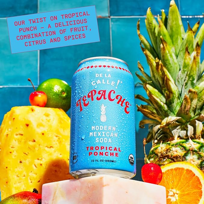 De La Calle Tepache - Tropical Ponche - Modern Mexican Soda - Craft Fermented Pineapple Sparkling Beverage - Certified Organic, Antioxidant Rich, Non-Alcoholic, Healthy Soda, Low Sugar, Low Calorie, Non-GMO