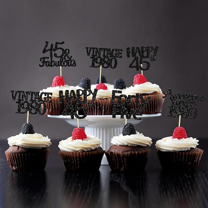 Gyufise 30 Pack Black Glitter 45th Birthday Cupcake Toppers Vintage 1980 Awesome Since 1980 45 Fabulous Cupcake Picks 45th Birthday Wedding Anniversary Party Cake Decorations Supplies