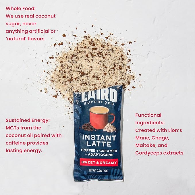 Laird Superfood Instant Latte Sweet & Creamy, Non-Dairy, Superfood Creamer, Gluten Free, Non-GMO, Vegan, 15pk Sachets