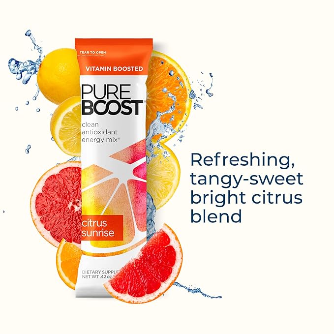 Pureboost Clean Energy Booster, Refreshing Energy Drink Mix with B12 Vitamins, Electrolytes, Antioxidants, Sugar-Free with No Sucralose (Citrus Sunrise, 30 Count)