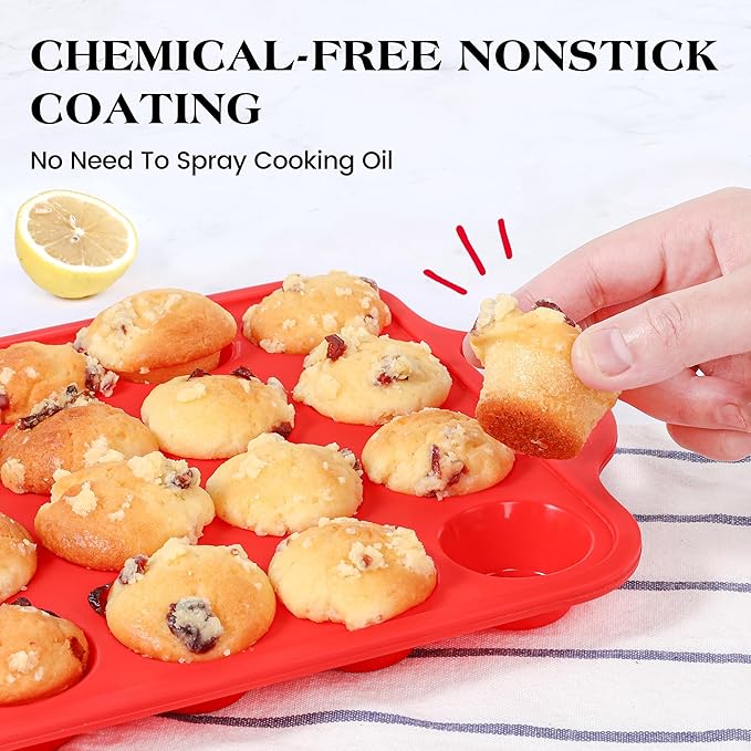 8 Pcs Silicone Muffin Pan Set, 12 Cup Regular & 24 Cup Mini Nonstick Muffin Tray with 6 Pcs Utensils, Silicone Muffin Pan for Baking with Metal Reinforced Frame, BPA Free (Red)