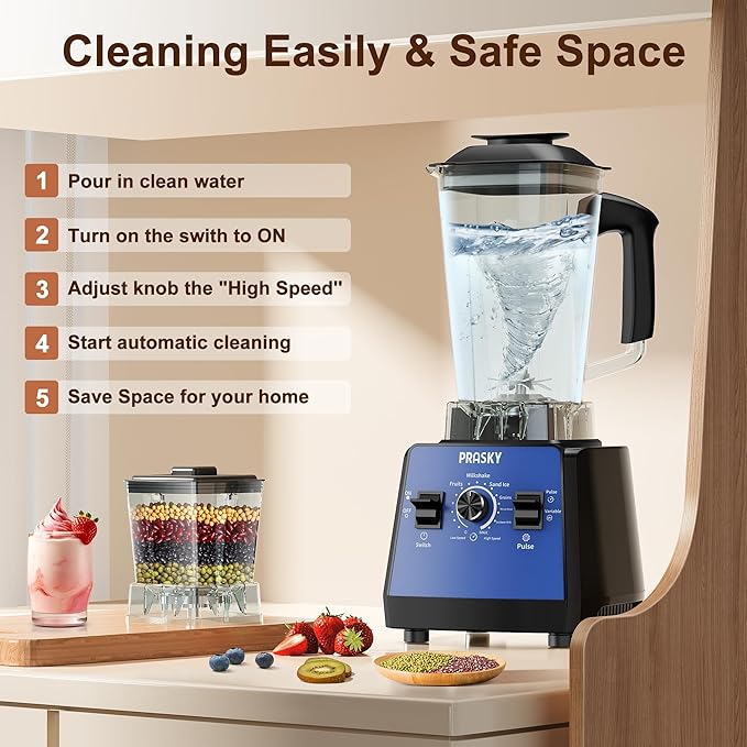 Blenders for Kitchen, Commercial Blender,2400W PRASY Food Processor with 101oz Juice & Grinder Jar, BPA-Free, 25000 RPM Blenders for Smoothies, Ice Crushing, Frozen Fruit (Blue, 2L)