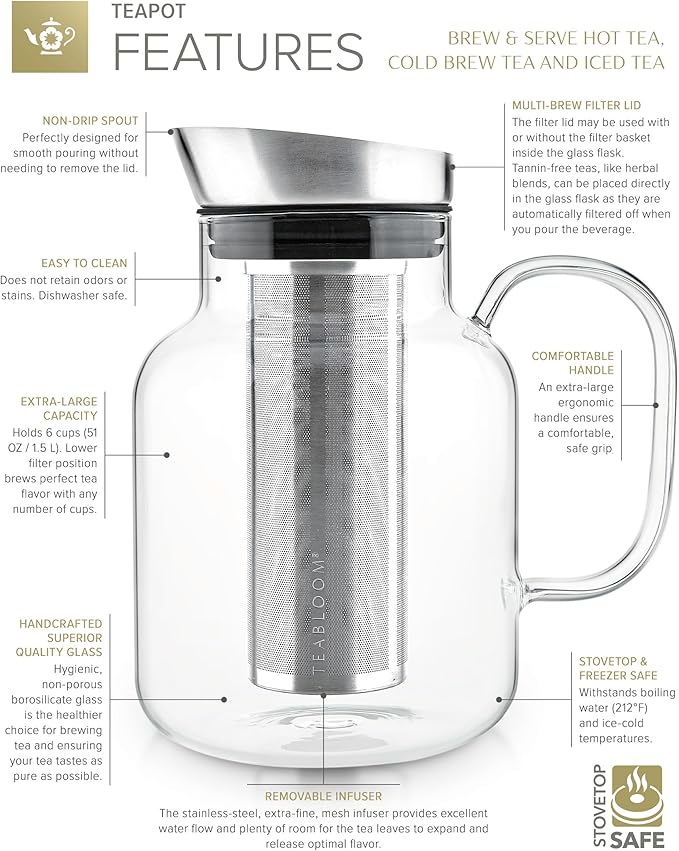 Teabloom Large Multi-Brew Borosilicate Glass Teapot + Kettle + Pitcher – Steep and Serve Hot Tea, Iced Tea, Cold Brew Tea and Fruit Infused Water – Legacy Tea Maker (51 OZ or 85 OZ)