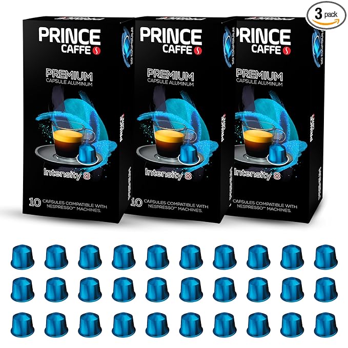 Prince Caffe Espresso Pods – Premium Intensity 8, Medium-Dark Roast, The Espresso Coffee Pods Are Compatible with Nespresso Original Line Machines, 30 Count (3 x 10 Capsules) Premium Quality Coffee Capsules.