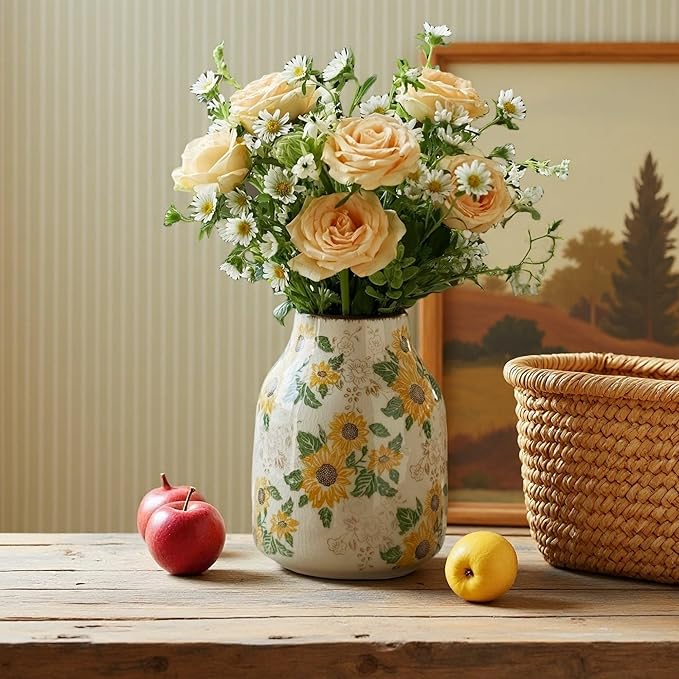 Vintage Ceramic Vase, 7.7 Inch Chinoiserie Sunflower Floral Vases, Rustic Farmhouse Antique Flower Vases for Home Decor Modern Aesthetic Tuscan Decorations (Conical)