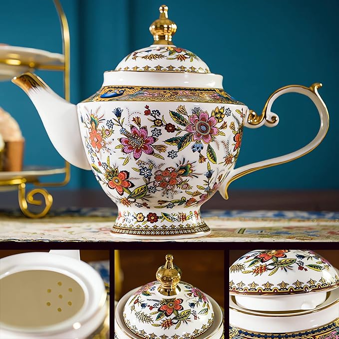 ACMLIFE Fine Bone China Tea Set, British Vintage China Set for Adults 24K Gold, Afternoon Cups and Saucers for Women Tea Party or Gift Giving (Pink and Gold)