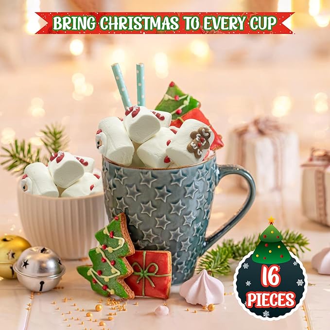 4E's Novelty Christmas Decorated Marshmallow Large Individually Wrapped 16 Pcs - Large Christmas Marshmallows for Hot Chocolate Toppers, Marshmallow Treat Toppings for Hot Cocoa Bar Supplies, Christmas Candy for Kid Adults 4.2oz