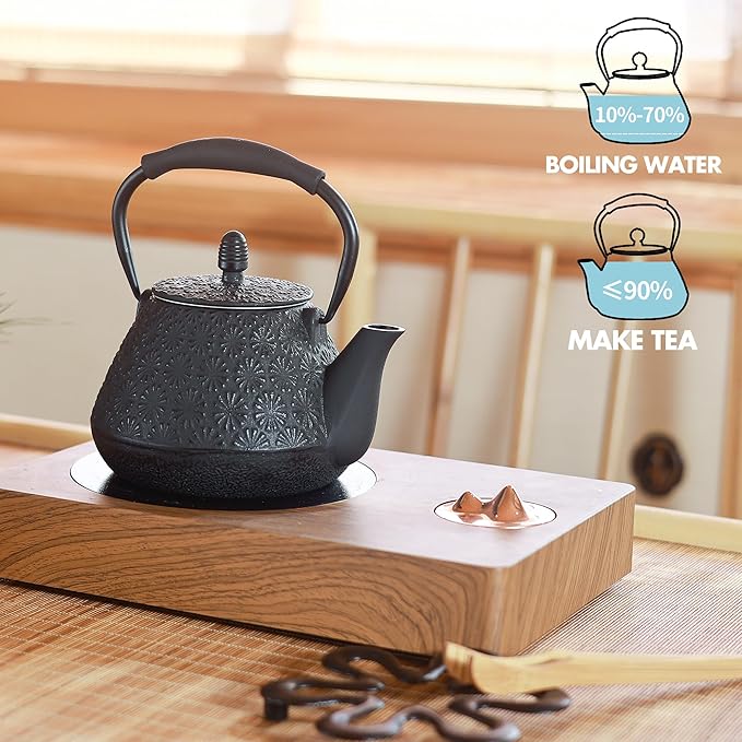 Cast Iron Teapot, 32oz Tea Kettle with Infuser for Stove Top, Sakura Blossom Pattern Japanese Tea Pot for Tea & Coffee Coated with Enameled Interior, Silicone Handle 950ml black